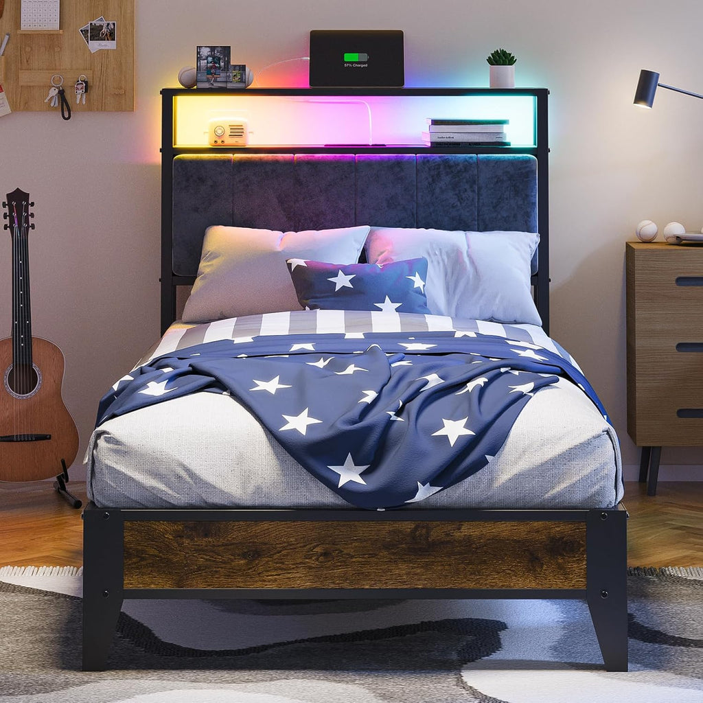 OLEVS Single Bed Frame LED Light Storage Headboard Type C Charging Station Metal Platform Bed