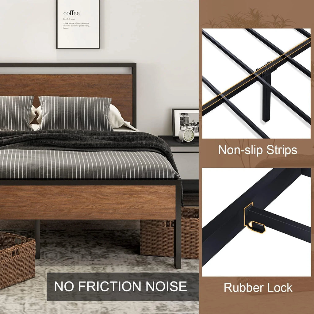 SHA CERLIN 14 Inch Full Size Metal Platform Bed Frame with Wooden Headboard and Footboard