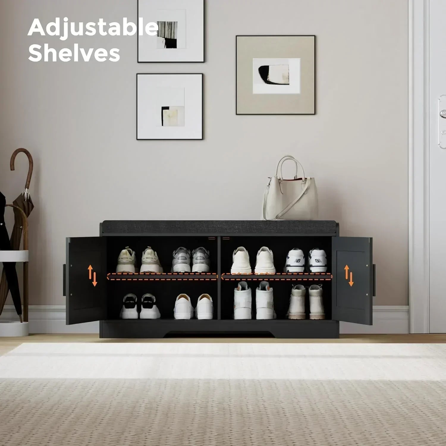 2-Tier Storage Bench Shoe Bench with Thickened Padded Seat Cushion Entryway Bench