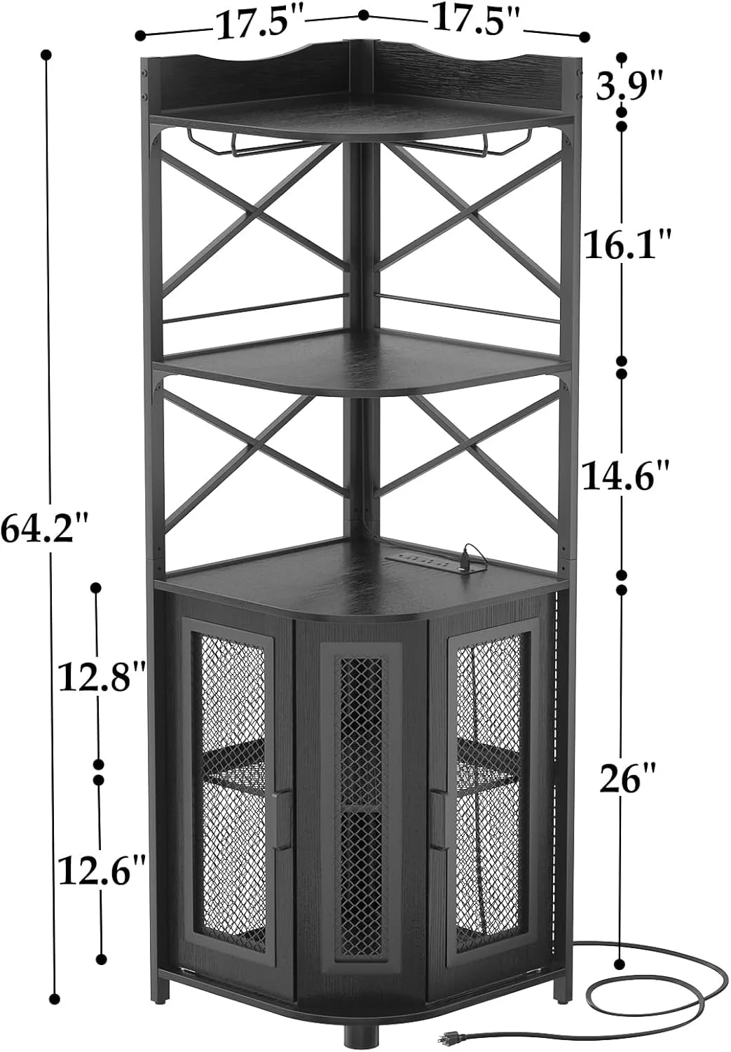 Corner bar cabinet with power socket, industrial style wine cabinet with LED light strip and glass rack, home five-layer wine cabinet bar unit, small space corner display cabinet
