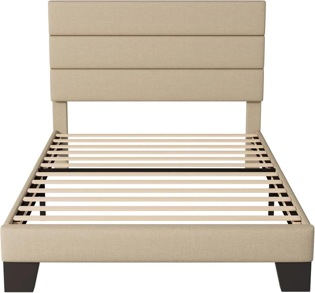 Allewie Queen Size Platform Bed Frame with Fabric Upholstered Headboard Wooden Slats Support