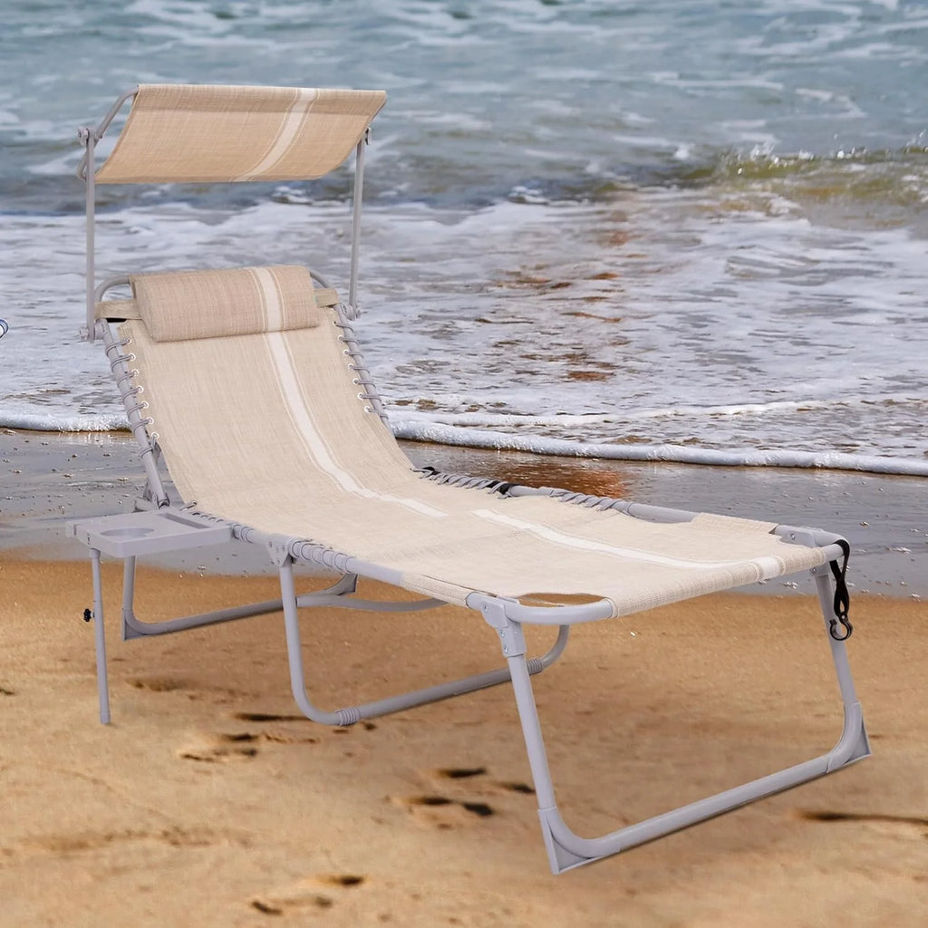2 Pack Outdoor Chaise Lounge Chair - Portable Folding Patio Pool Lounge Chair, 5 Positions Adjustable Reclining Camping Chair with Side Table,Shoulder Strap, Pillow for Beach Sunbathing Lawn