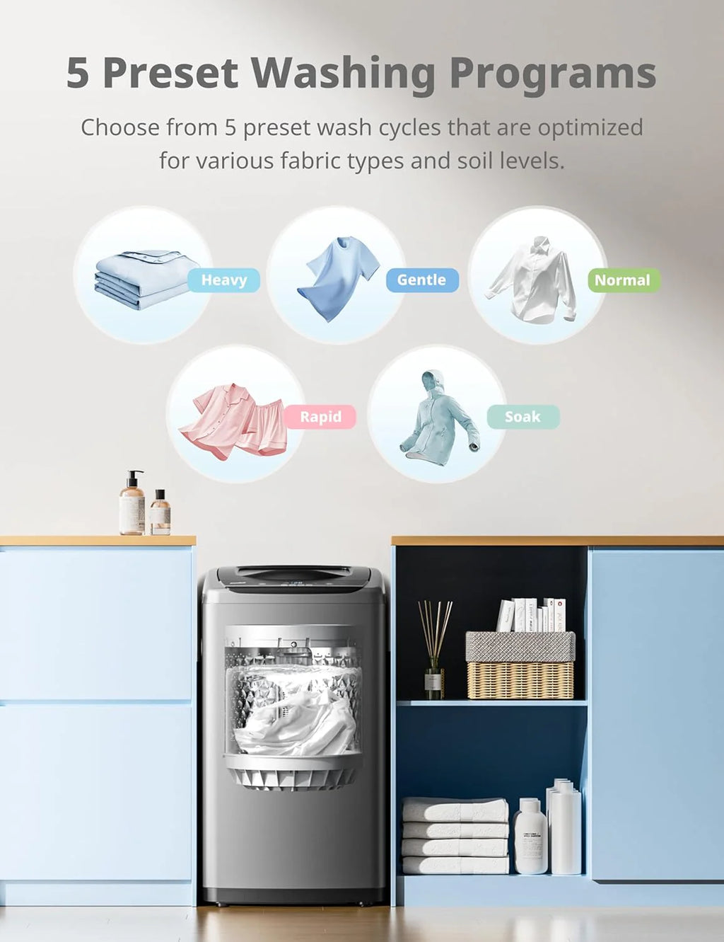 Comfee Portable Washing Machine, 0.9 cu.ft Compact Washer With LED Display, 5 Wash Cycles, 2 Built-in Rollers, Space Saving Full-Automatic Washer
