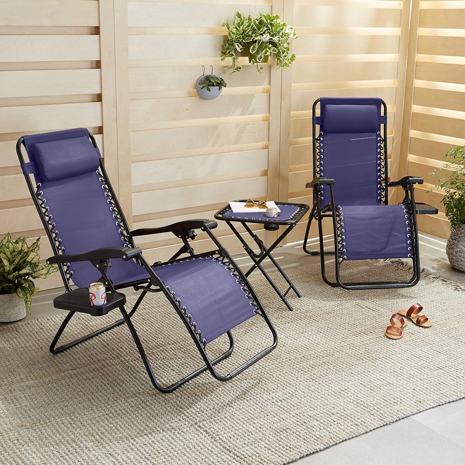 Amazon Basics Outdoor Patio Mesh Adjustable Zero Gravity Lounge Chair Recliners set of 2 with Side Table, 35 x 26 x 43 inches, Beige