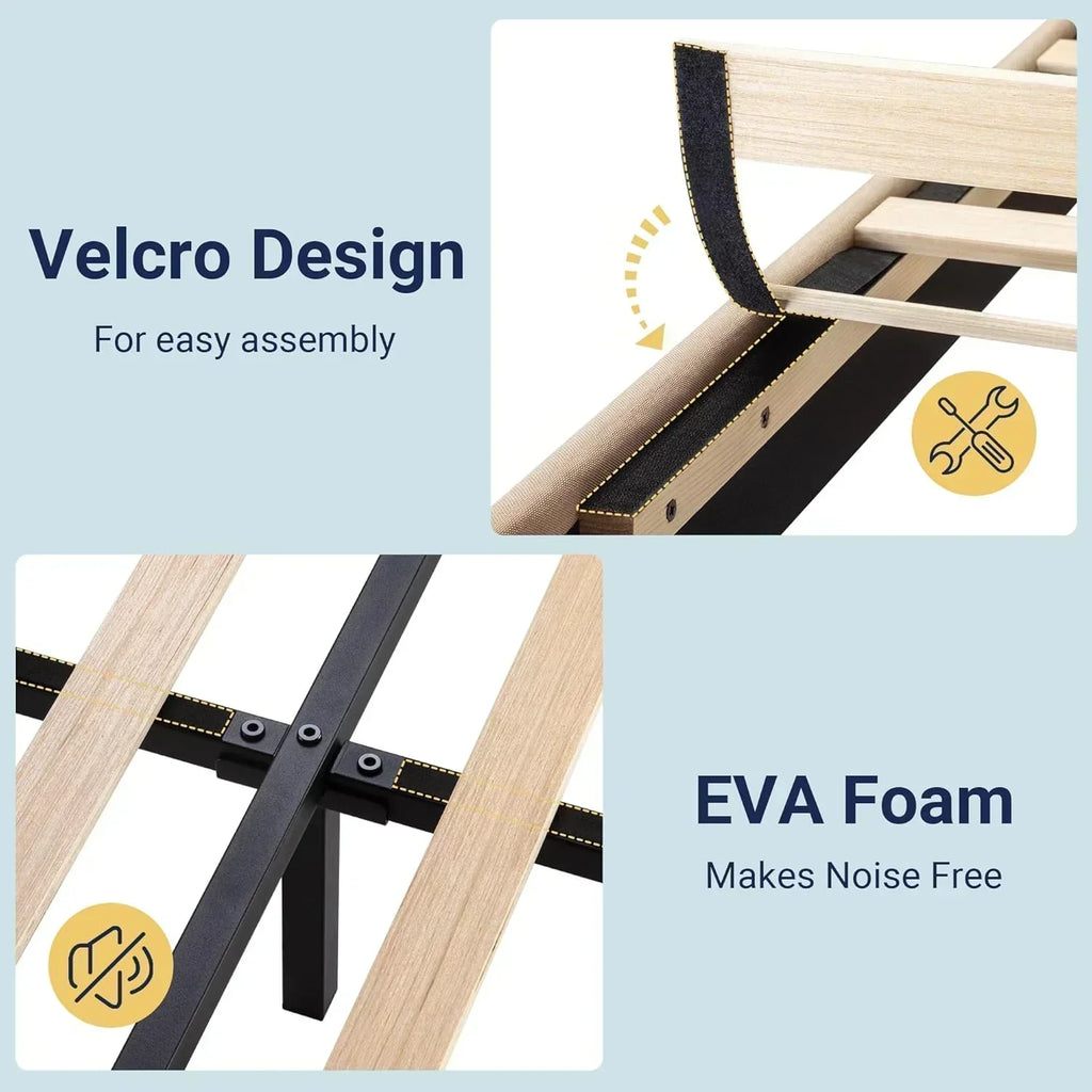 Allewie King size platform bed frame with velvet upholstered headboard and planks