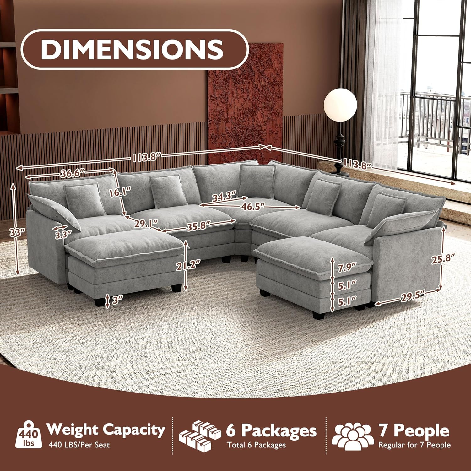 ihanherry 146-inch U-shaped modern sofa modular area cloud sofa