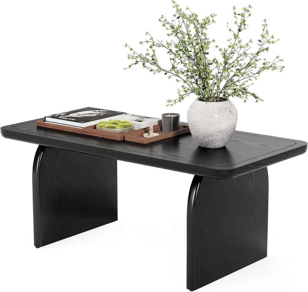 LITTLE TREE Farmhouse Coffee Table, 47 Inch Round Corner Wood Center Table, Rectangular Living Room Table, Modern Low Cocktail Tea Set