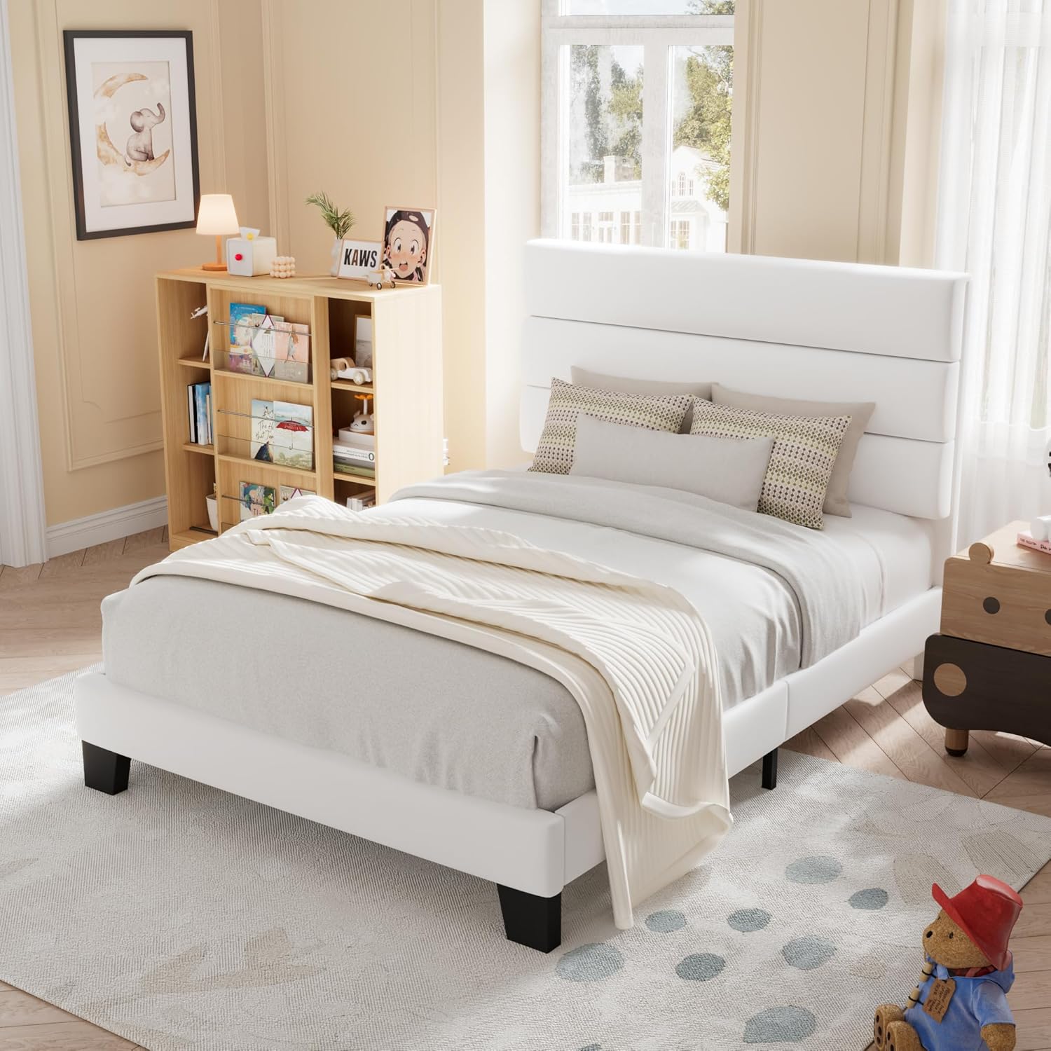Allewie Queen Size Platform Bed Frame Fabric Upholstered Headboard Wooden Slats Support