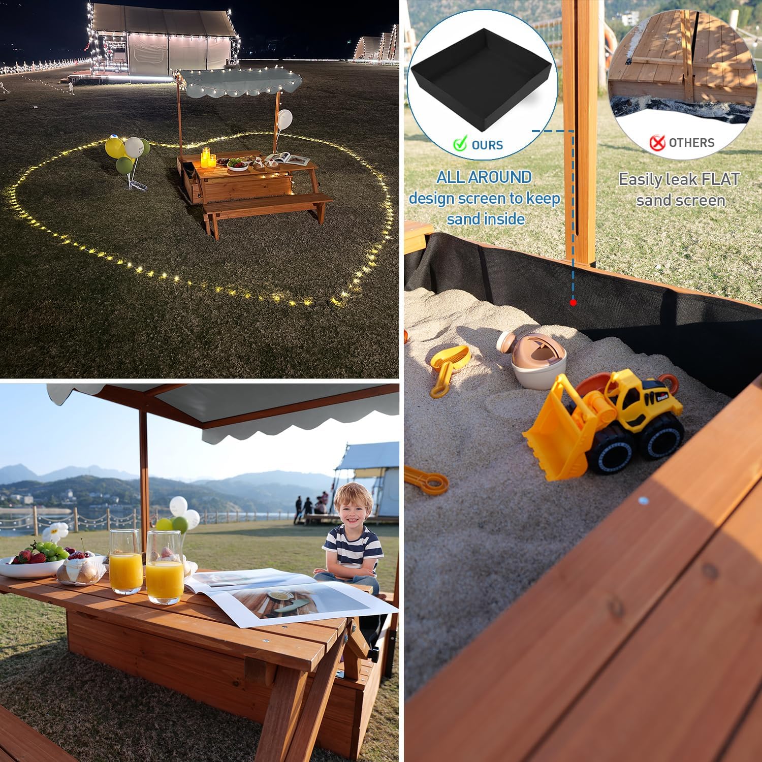 Wooden Kids Sandbox with Lid Outdoor Sand Box with Picnic Table Foldable Sandpit with Cover