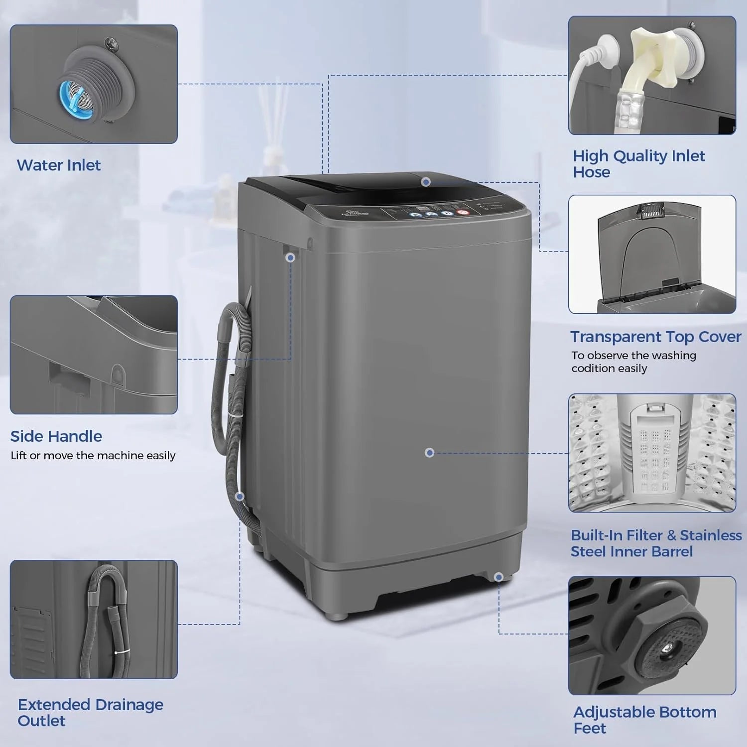 Nictemaw Portable Washing Machine, 20Lbs Capacity Full-Automatic Portable Washer Machine, 2.8Cu.ft Washer and Dryer Combo with Drain Pump, 10 Programs & 8 Water Levels for Apartment, Dorms, RV