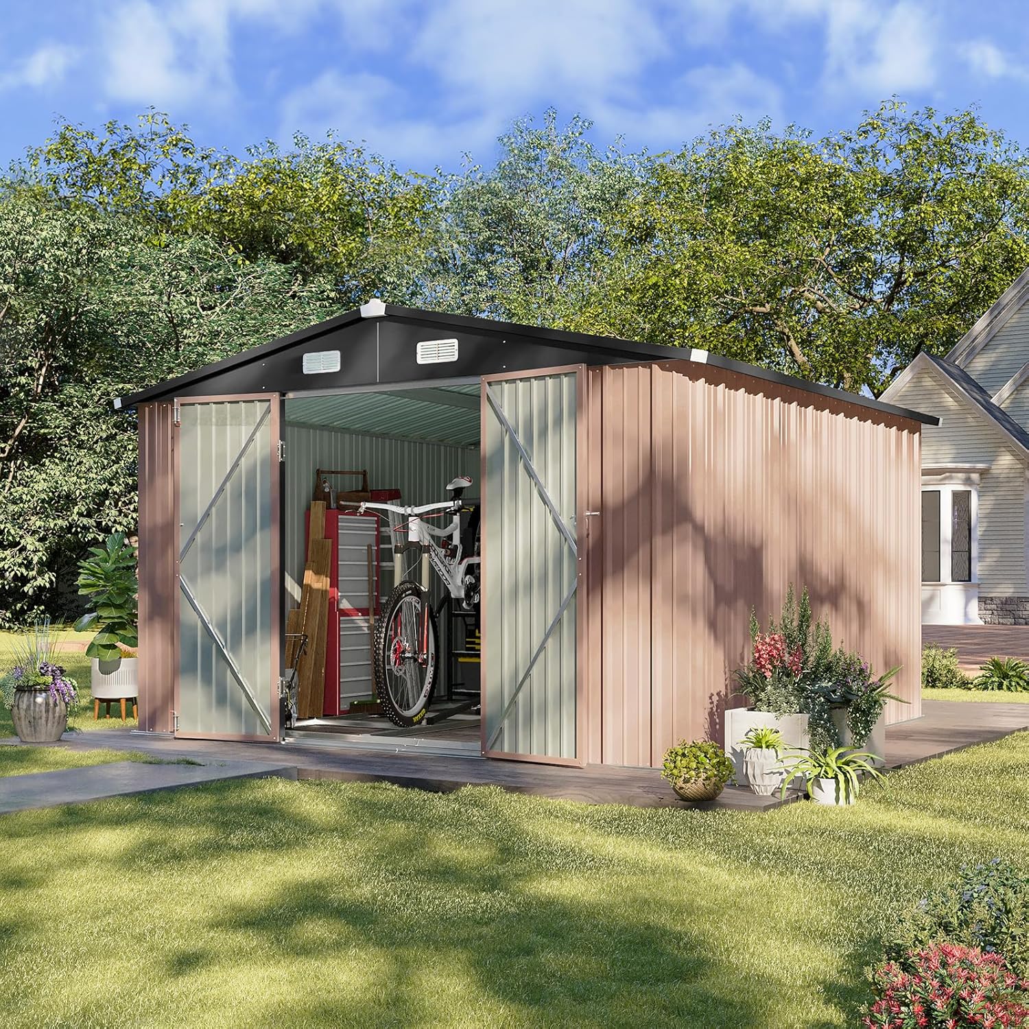 Aoxun 12x10 FT Shed Metal Outdoor Waterproof Storage Shed Steel Utility Garden Tool Shed with Door & Lock Outdoor Storage for Garden Patio Lawn Poolside, Brown