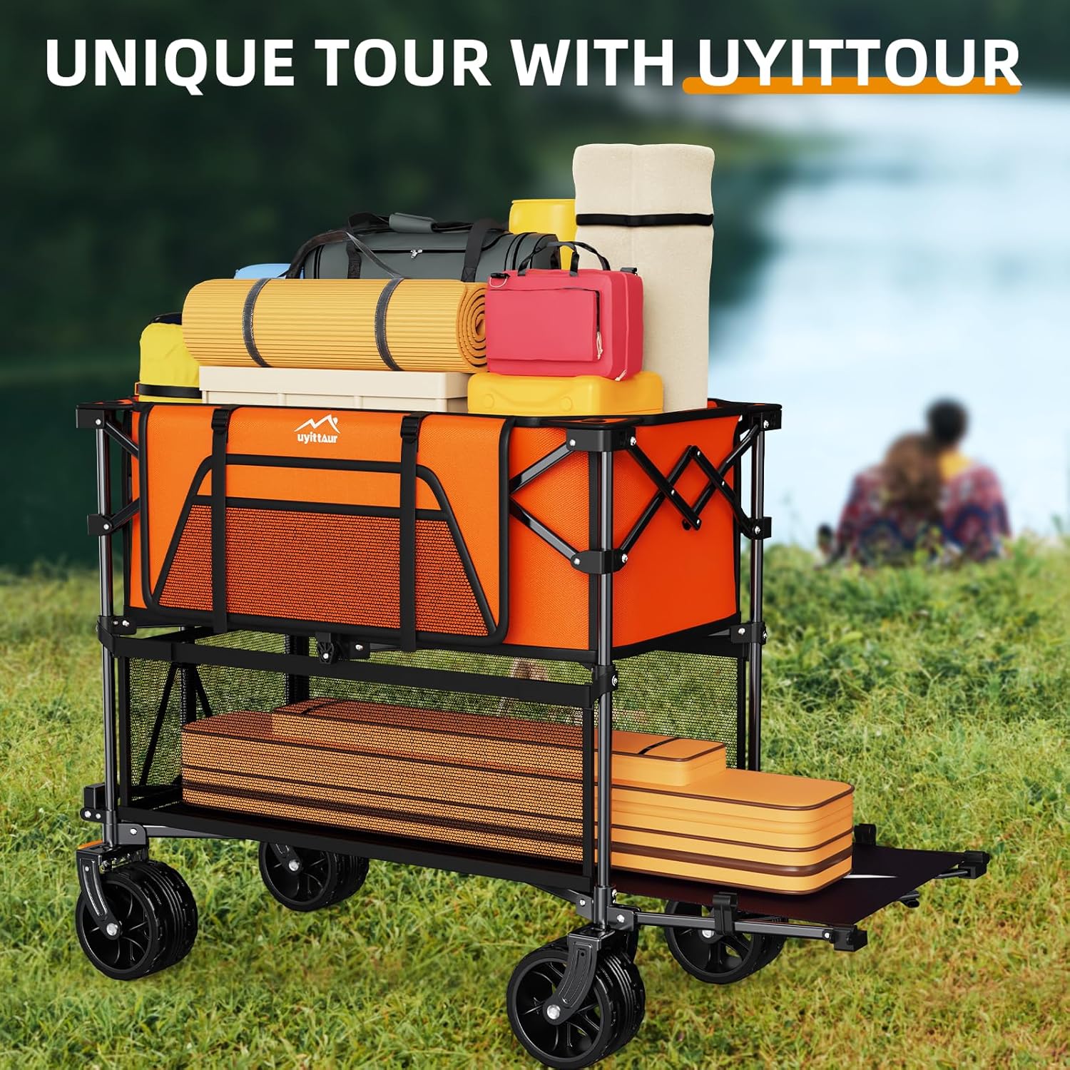 Foldable 50''L Extra Long Double Decker Wagon for Sport, 400L Collapsible Heavy Duty Wagon Cart with Big Wheels, Utility All-Terrain Large Extender Cart for Outdoors