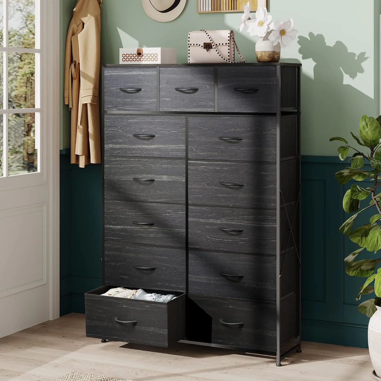WLIVE Storage Organizer Unit with 13 Fabric Bins, Storage Drawers Organizer with Steel Frame, Tall Storage Tower Organizaton for Living Room, Hallway, Office, Charcoal Black