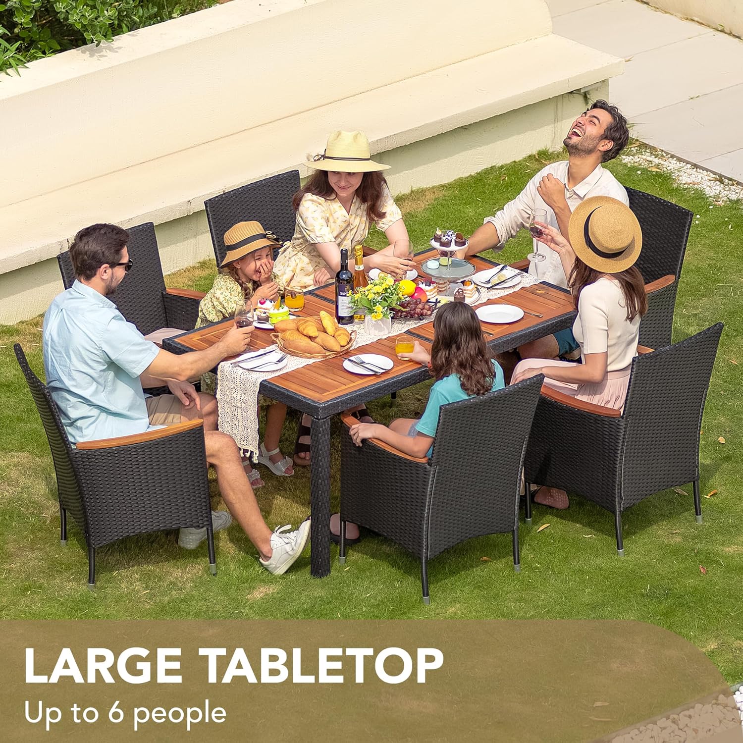 Devoko Dining 7 PCS Furniture Patio Conversation Set with Acacia Wood Table Top Rattan Outdoor