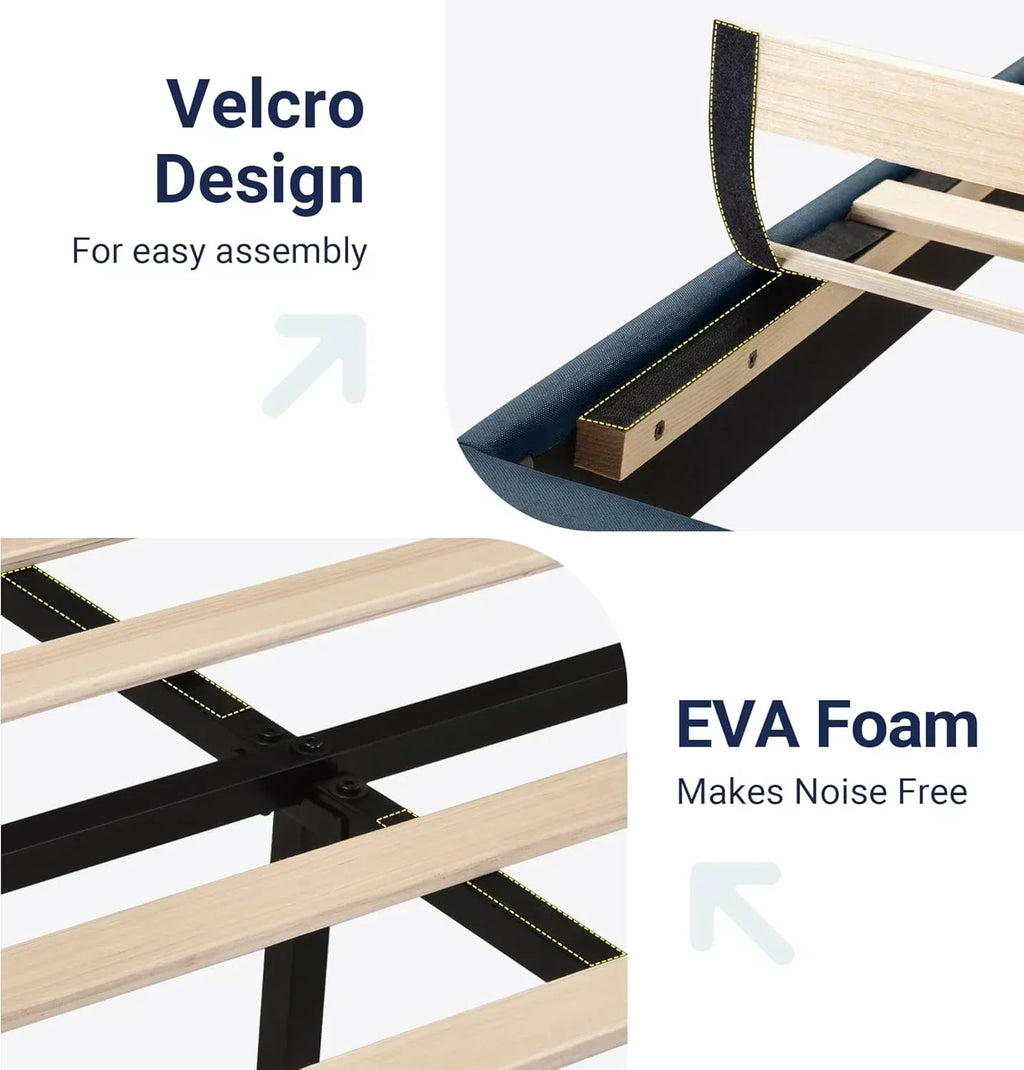 Allewie King size platform bed frame with velvet upholstered headboard and planks