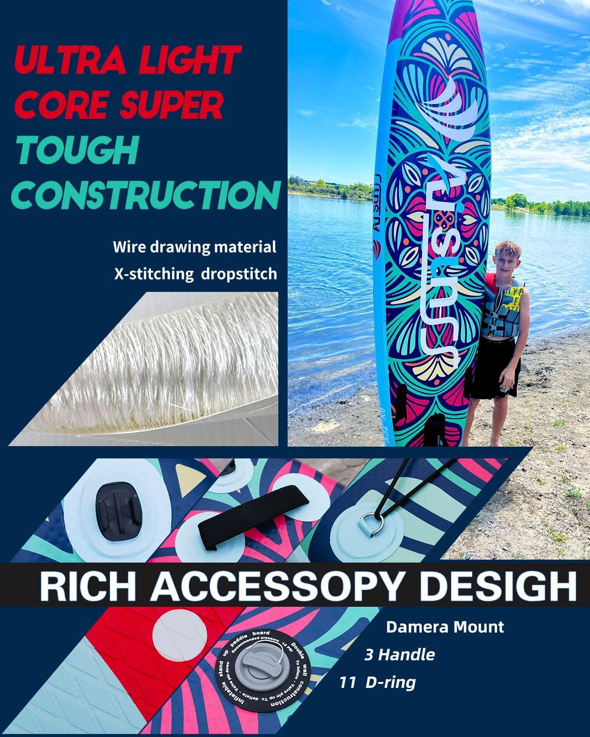Inflatable wide SUP board with SUP carrying bag hand pump 10L waterproof bag