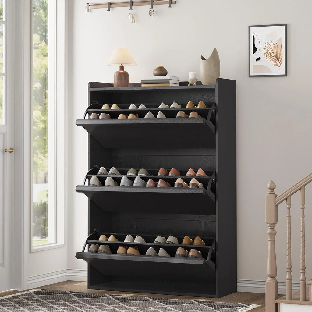 GarveeHome Shoe Cabinet with 3 Flip Top Drawers, Wooden Shoe Cabinet with Adjustable Shelves