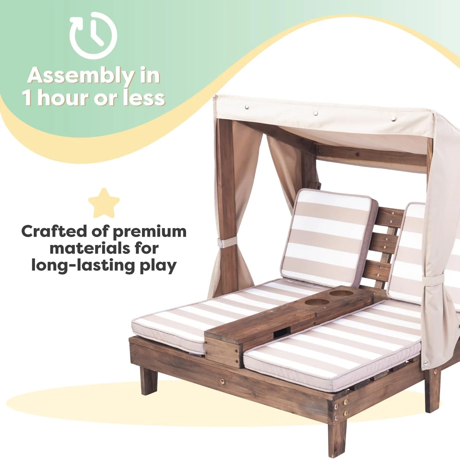 KidKraft Wooden Outdoor Double Chaise Lounge with Cup Holders, Kid's Patio Furniture, Honey with Navy and White Striped Fabric, Gift for Ages 3-8
