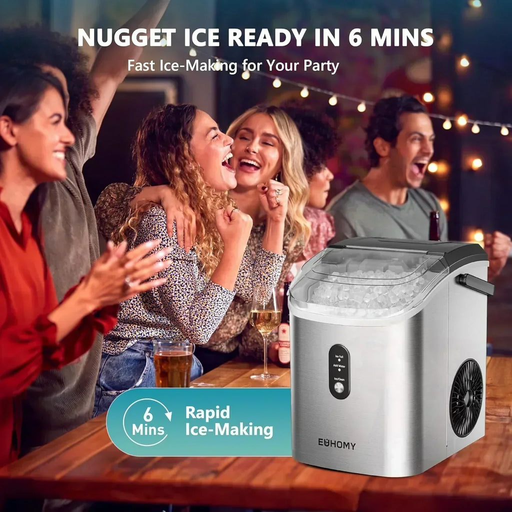 EUHOMY Nugget Ice Maker Countertop with Handle Ready 34lbs Per Day Removable Top Cover