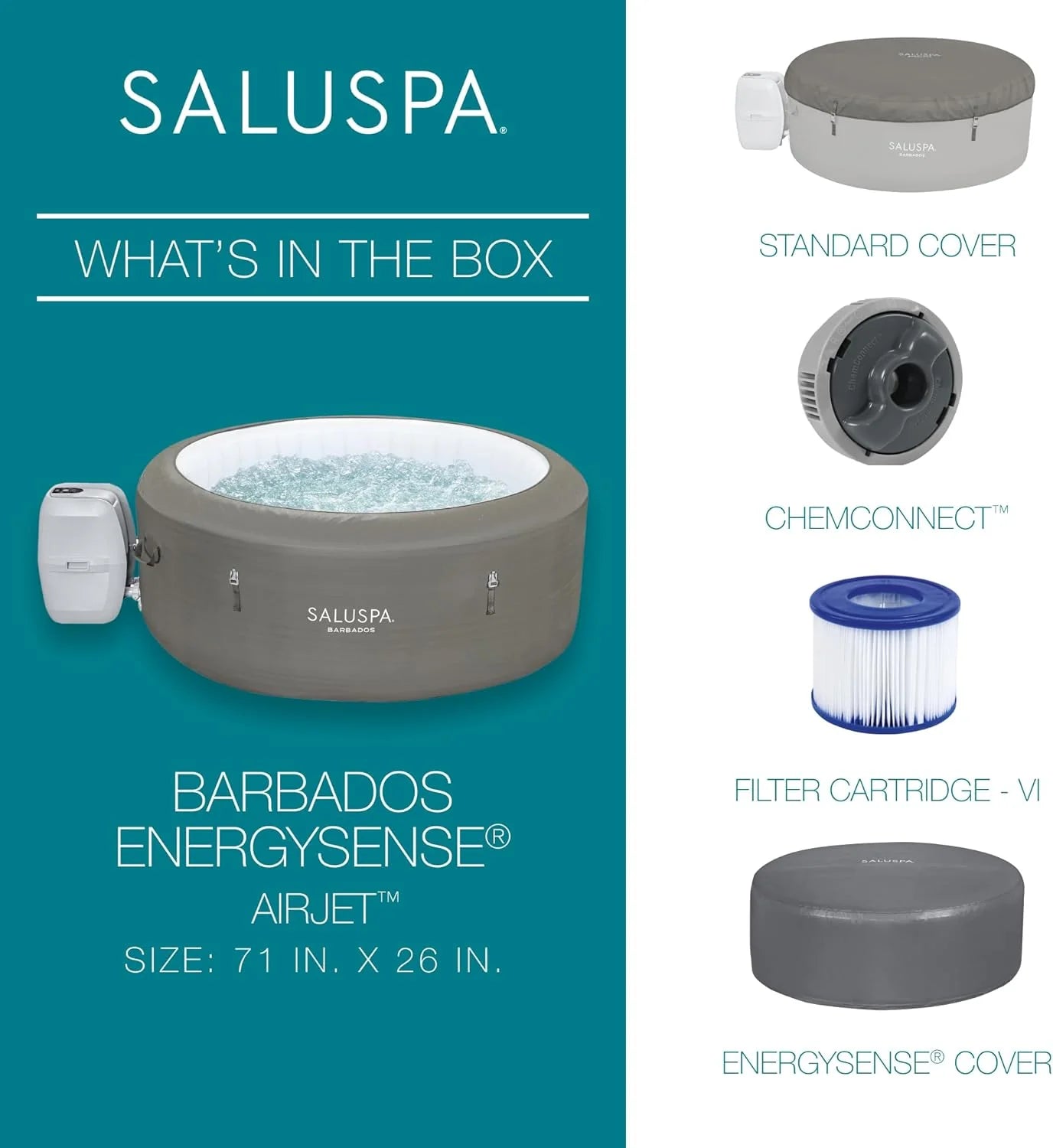 Bestway SaluSpa Miami EnergySense AirJet Inflatable Hot Tub Spa (71 x 26) | Portable Hot Tub with 2 Covers (1 Energy-Efficient Thermal Cover and 1 Standard Cover) | Fits Up to 2-4 Persons | Black