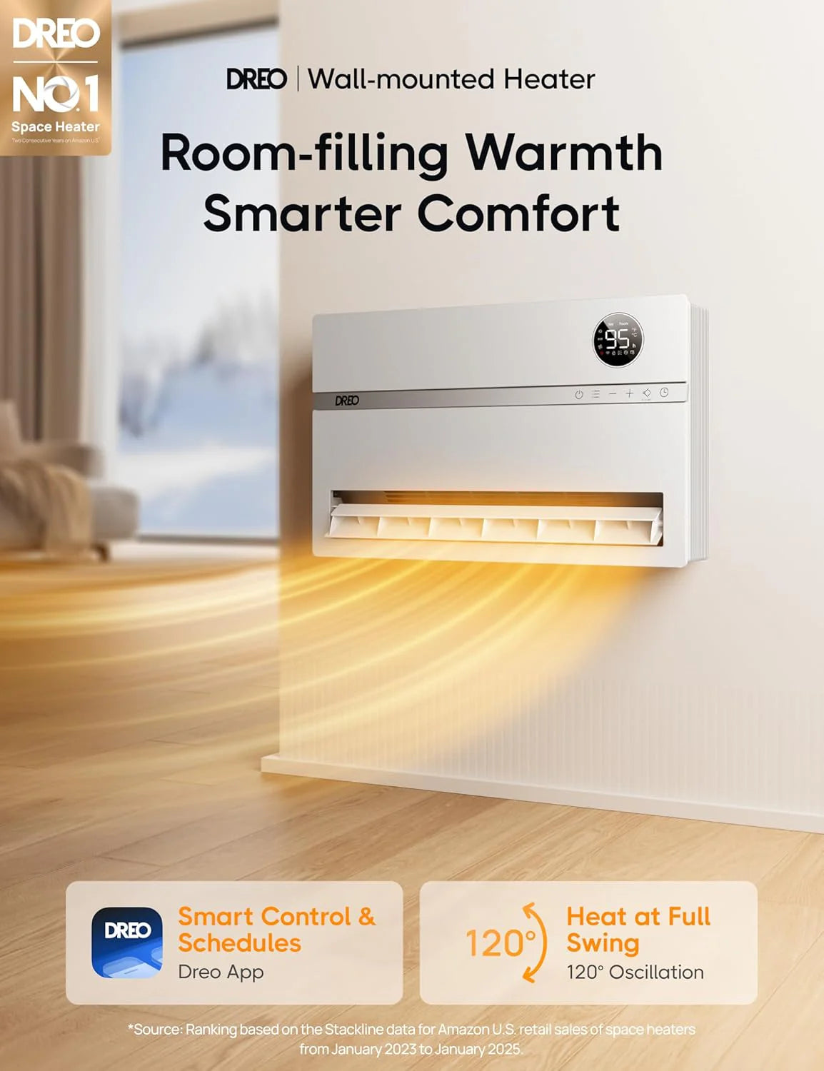 Smart wall mounted heater, bedroom electric heater, 1500W adjustable thermostat 24-hour timer easy to install indoor heater