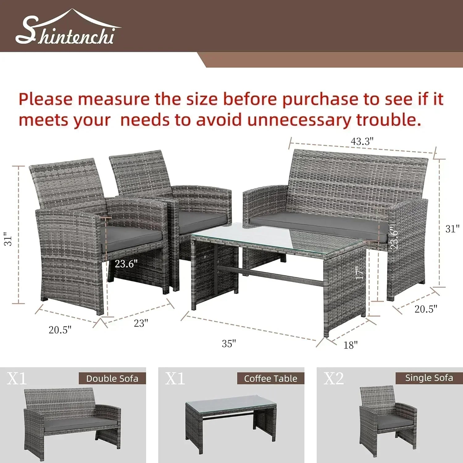 Shintenchi 4 Piece Patio Ratten Set Outdoor Furniture Set Wicker Conversation Set