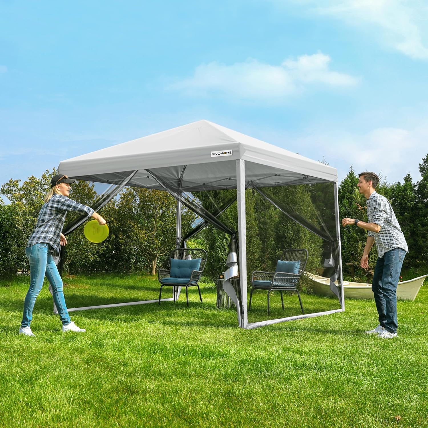 10x10ft Easy Pop-Up Canopy, Outdoor Screen Tent with Mosquito Netting, 2 Zipper Doors, and Roller Bag for Yard Camping Picnic Party Events, Beige