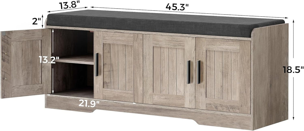 2-Tier Storage Bench, Shoe Bench with Thickened Padded Seat Cushion, Entryway Bench with 4 Doors, Adjustable Shelf, 13.8 D x 45.3 W x 18.5 H, for Entryway, Living Room, Bedroom, White
