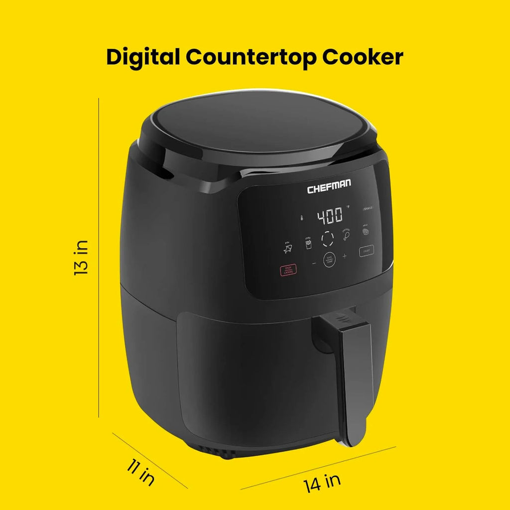 Chefman 6-Quart Double Basket Air Fryer with Easy View Window uses two separate 3-quart nonstick pans.